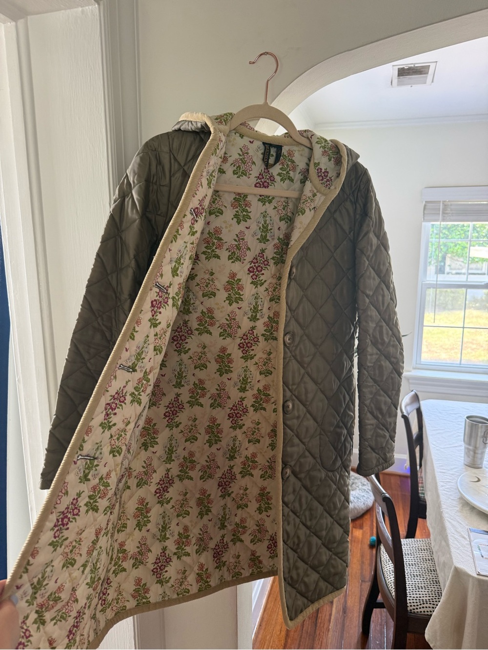 Lavenham Quilted Olive Hooded Coat with Floral Lining